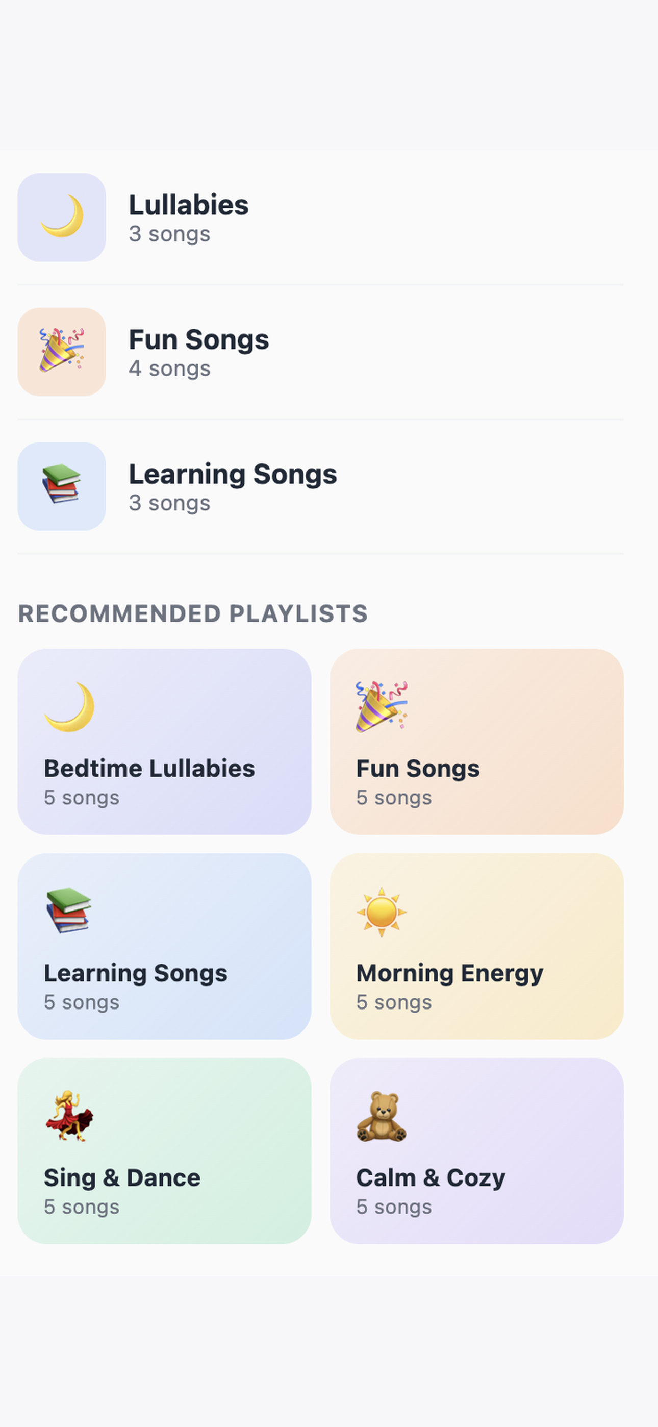PandaPanda Kids playlists screen
